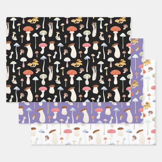 Cute Mushrooms Pattern in Black, Purple and White Wrapping Paper Sheet (Set)