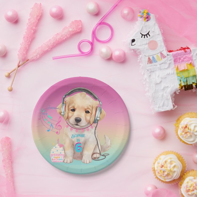 Cute Music Loving Golden Retriever Personalised Paper Plate (Party)