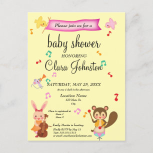 Cute Musical Animals Pink Baby Shower Invitation   Postcard