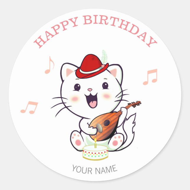 Cute Musical Cat with Mandolin Birthday Classic Round Sticker (Front)