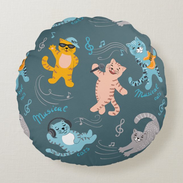 Cute Musical Cats Pattern Kids Bedroom Round Cushion (Front)