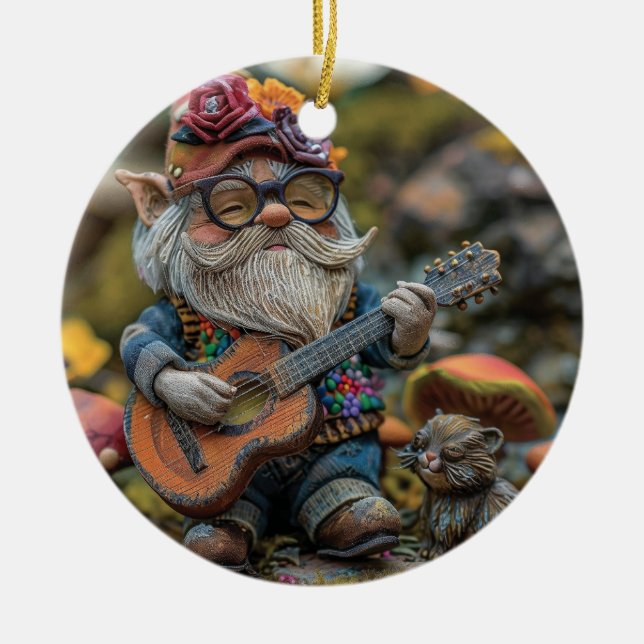 Cute musical gnome playing a guitar  ceramic tree decoration (Front)