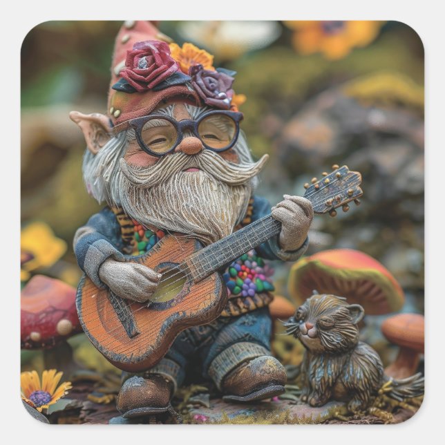 Cute musical gnome playing a guitar  square sticker (Front)