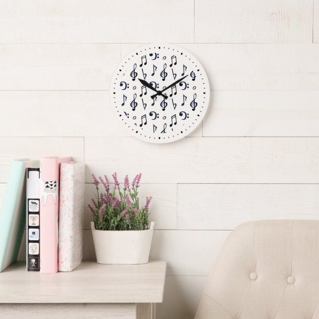 Cute Musical Notes Pattern Large Clock (Reading Room)