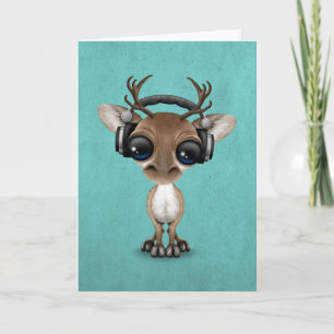 Cute Musical Reindeer Dj Wearing Headphones Blue Holiday Card