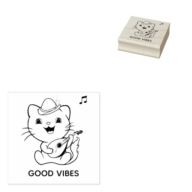 Cute Musical Tabby Cat with Mandolin Rubber Stamp (Stamped)