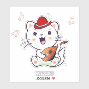 Cute Musical White Cat with Mandolin