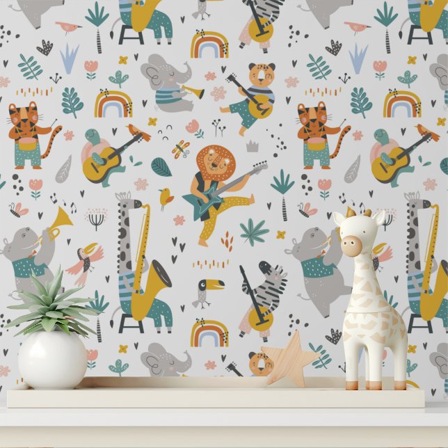 Cute Musical Wild Animals Modern Kids Pattern Wallpaper (Creator Uploaded)