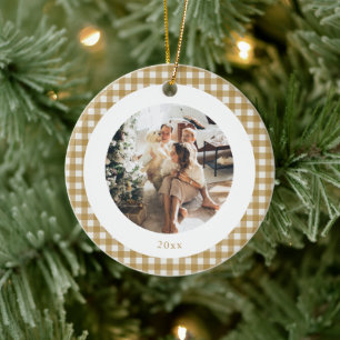 Cute Mustard Gold Plaid Custom Photo Christmas Ceramic Tree Decoration
