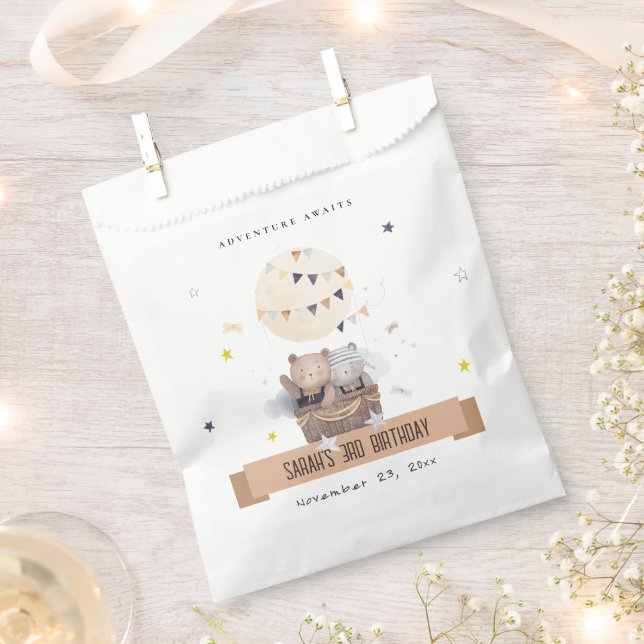 Cute Muted Teddy Hot Air Balloon Kids Birthday Favour Bags (Clipped)