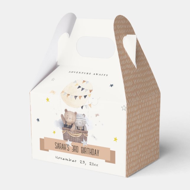 Cute Muted Teddy Hot Air Balloon Kids Birthday Favour Box (Front Side)