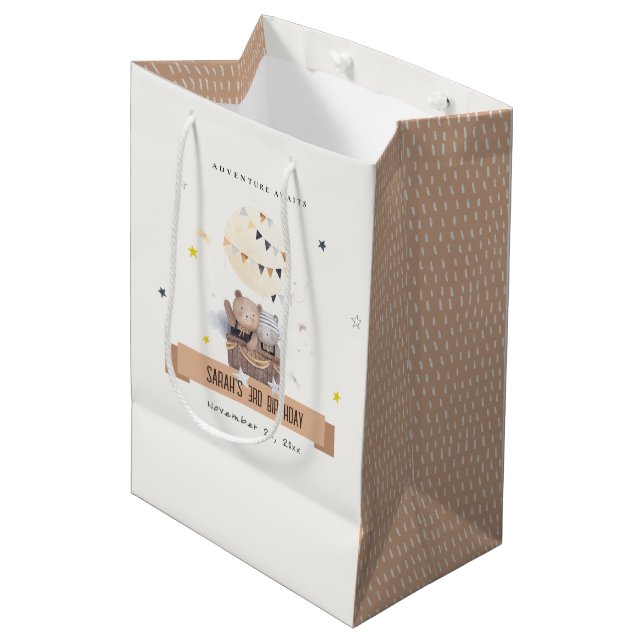 Cute Muted Teddy Hot Air Balloon Kids Birthday Medium Gift Bag (Front Angled)