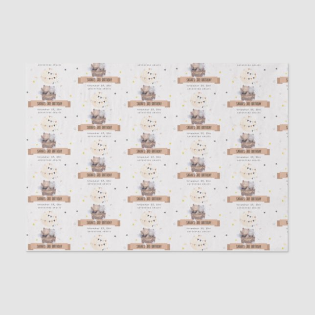 Cute Muted Teddy Hot Air Balloon Kids Birthday Tissue Paper (Front)