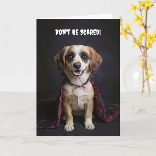 Cute Mutt Puppy Dog Vampire Happy Halloween  Card (Yellow Flower)