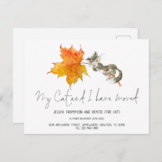 Cute My Cat I have Moved Script Autumn New Home Postcard (Front/Back)