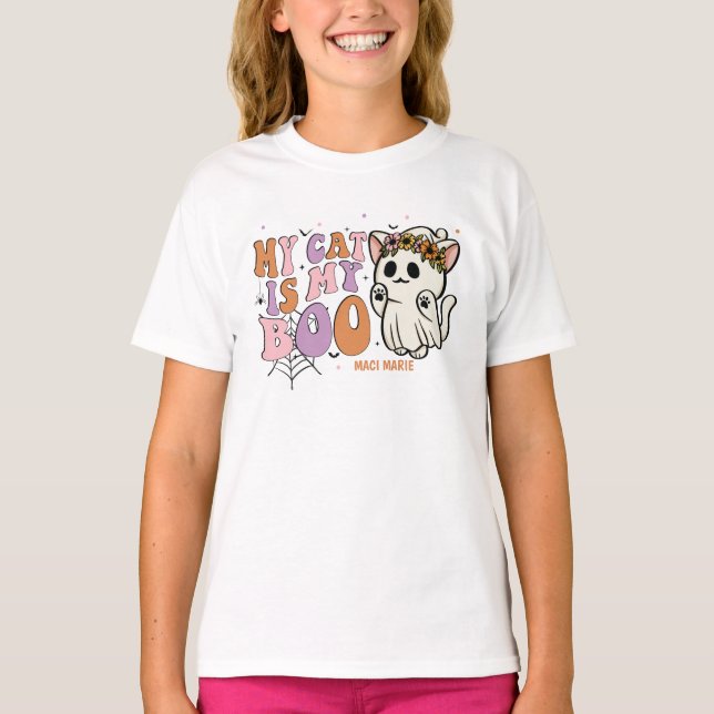 Cute My Cat Is My Boo Girl's Halloween T-Shirt (Front)