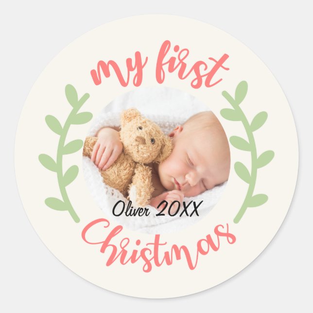 Cute My First Christmas Baby Photo Classic Round Sticker (Front)