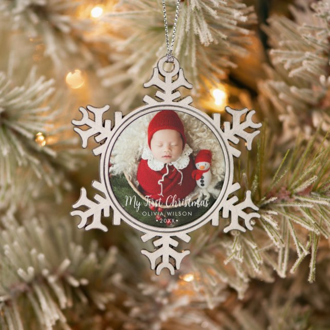 Cute My First Christmas Newborn Baby Photo Snowflake Pewter Christmas Ornament (Tree)