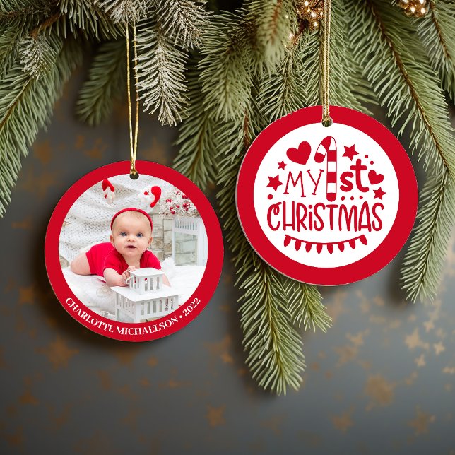 Cute My First Christmas Personalised Photo Ceramic Tree Decoration (Cute My First Christmas Personalized Photo Ceramic Ornament)