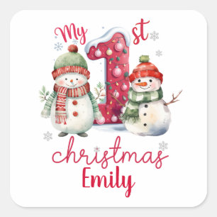 Cute My First Christmas Snowmen Personalise Baby  Square Sticker