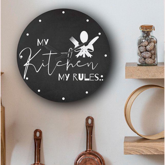 Cute MY KITCHEN MY RULES Black White Typography  Large Clock (Creator Uploaded)