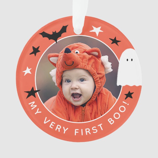 Cute My Very First Boo Photo Halloween Orange Ornament (Front)
