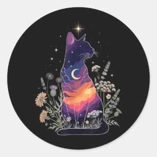 Cute Mystical Cat Lover Kitten Floral Women Girls Classic Round Sticker
