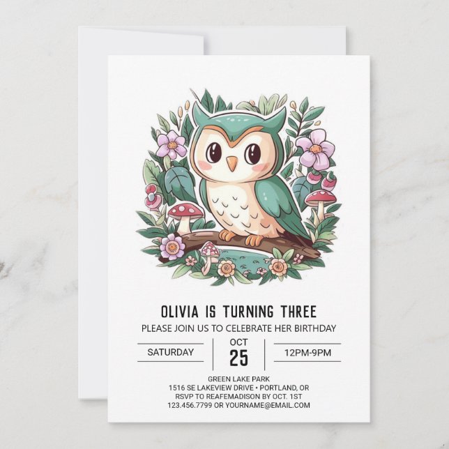 Cute Mystical Digital Owl Birthday Invitation (Front)