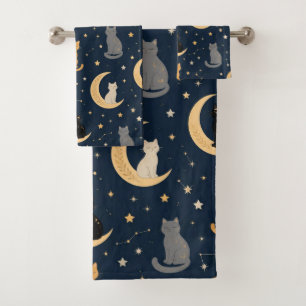 Cute Mystical Moon and Stars Cat Bath Towel Set