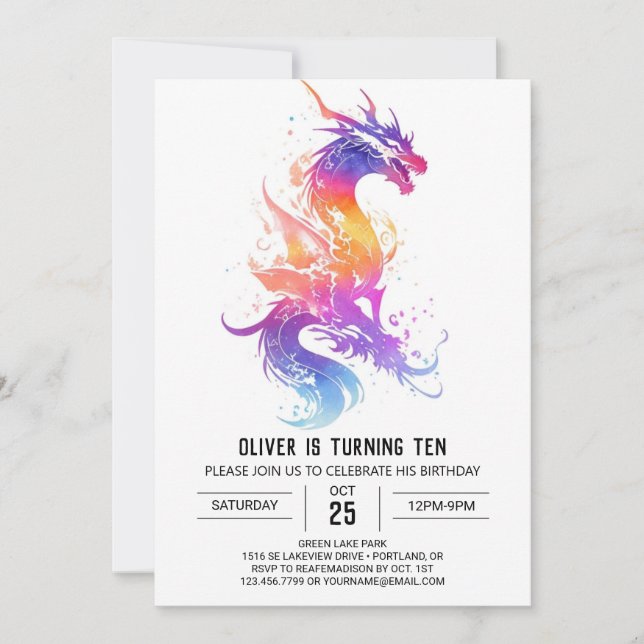 Cute Mythical Dragon Watercolor Birthday Invitation (Front)