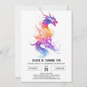 Cute Mythical Dragon Watercolor Birthday Invitation