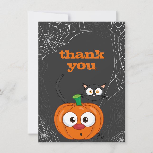 Cute n Spooky Cat and Pumpkin Halloween Flat Thank You Card (Front)