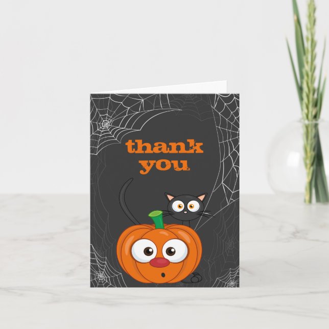 Cute n Spooky Cat and Pumpkin Halloween Thank You Card (Front)