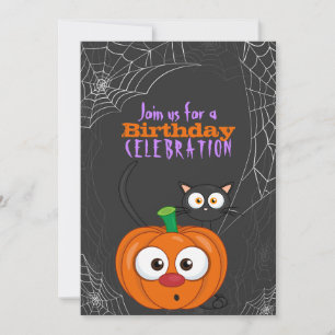 Cute n Spooky Scaredy Cat and Pumpkin Birthday Invitation