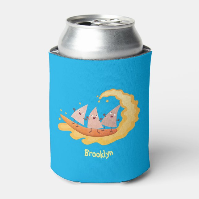 Cute nachos corn chips surfing cartoon  can cooler (Can Front)
