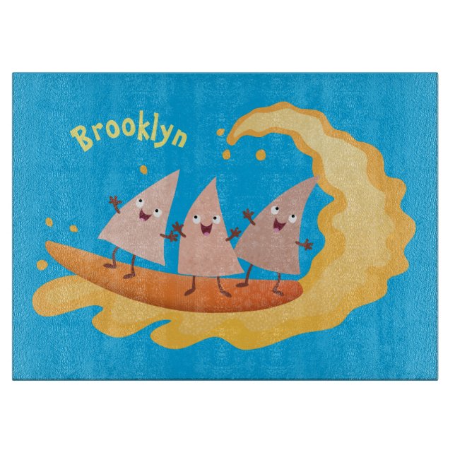 Cute nachos corn chips surfing cartoon cutting board (Front)