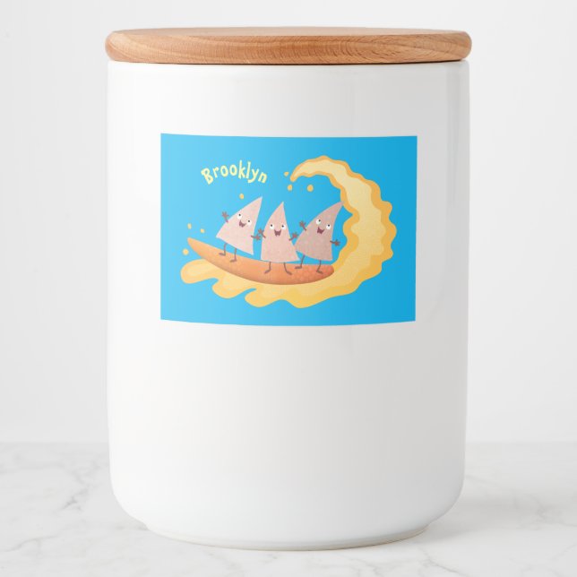 Cute nachos corn chips surfing cartoon food label (Front)