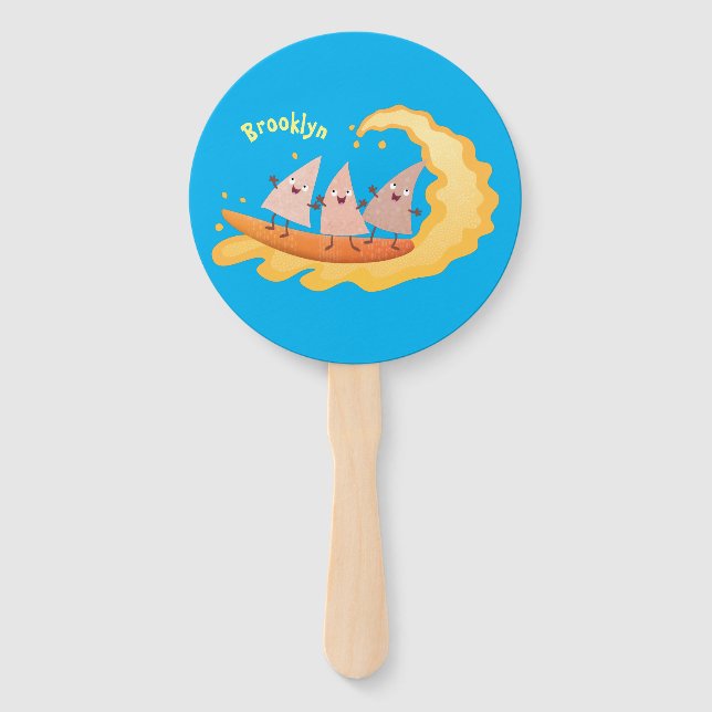 Cute nachos corn chips surfing cartoon hand fan (Front)