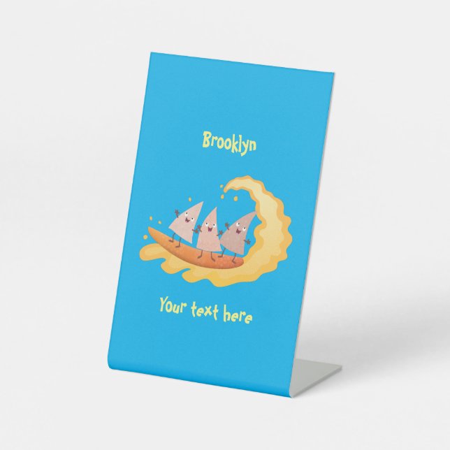 Cute nachos corn chips surfing cartoon  pedestal sign (Front)