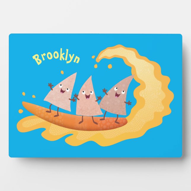 Cute nachos corn chips surfing cartoon plaque (Front)