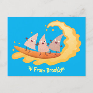 Cute nachos corn chips surfing cartoon postcard