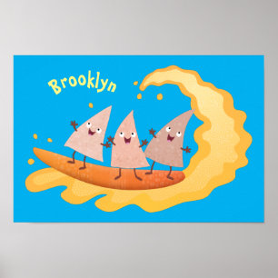 Cute nachos corn chips surfing cartoon poster