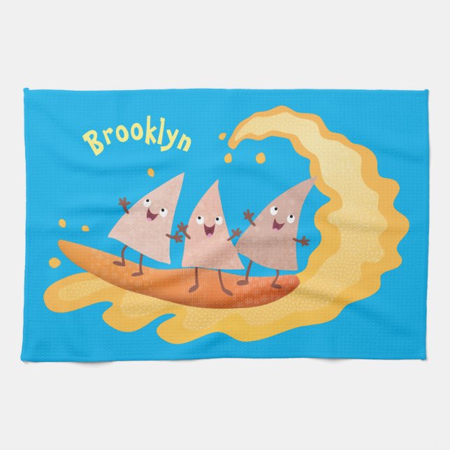Cute nachos corn chips surfing cartoon  tea towel (Horizontal)