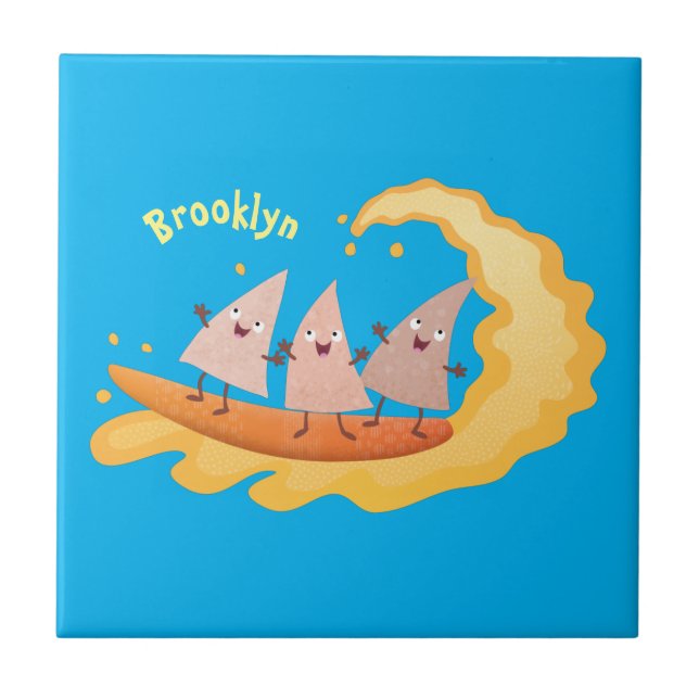 Cute nachos corn chips surfing cartoon  tile (Front)