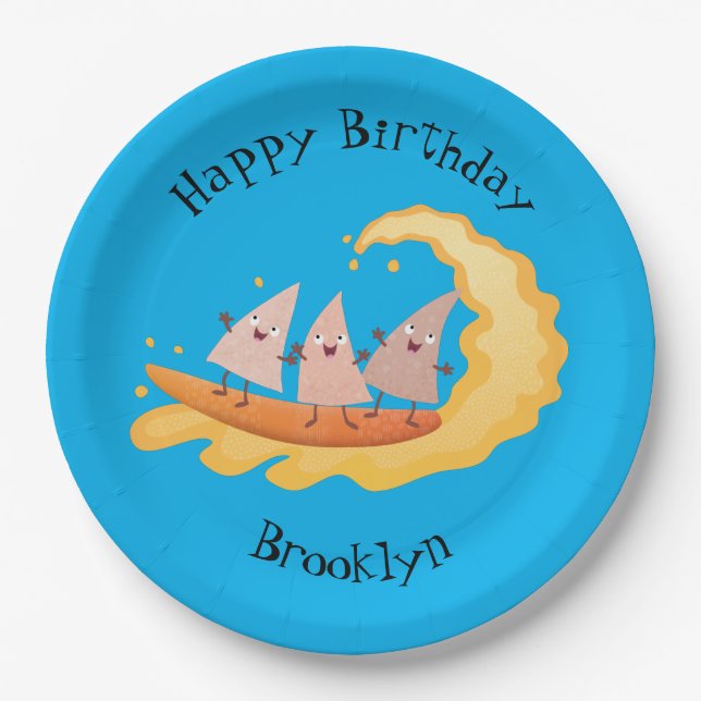 Cute nachos corn chips surfing paper plate (Front)