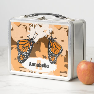 Cute Name Initial Orange Monarch Butterfly Metal Lunch Box