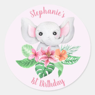 Cute Name Jungle Pink Grey Elephant 1st Birthday Classic Round Sticker