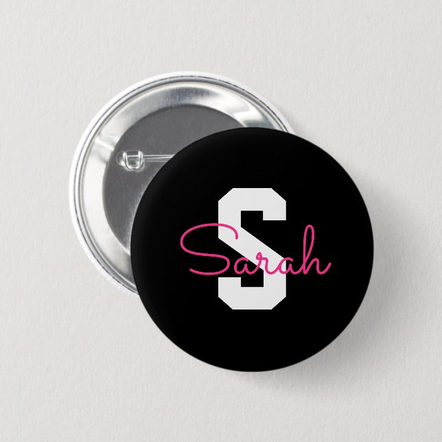 Cute Name & Monogram | Black White & Pink 6 Cm Round Badge (Front & Back)