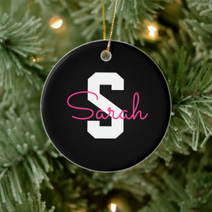 Cute Name & Monogram Black White & Pink Ceramic Tree Decoration