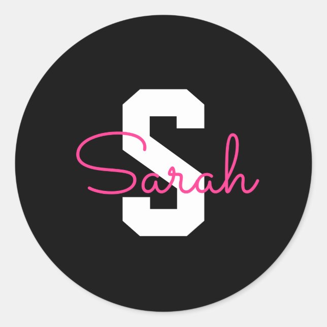 Cute Name & Monogram | Black White & Pink Classic Round Sticker (Front)